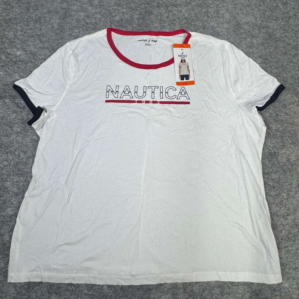Nautica Jeans Womens XXL White Graphic Ringer Tee Short Sleeve Cotton Modal